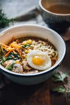 Food: Asian vegetable mie noodle soup with egg