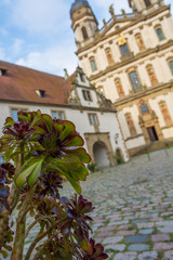 Picturesque baroque abbey church facade with many details.