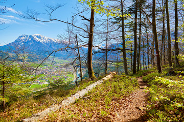 Mountain landscape with hiking trail and view of beautiful landscape. Salzkammergut region, Bad Goisern, Austria.