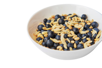 Breakfast: oatmeal with blueberries, pine nuts and almonds.