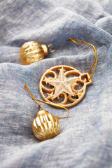 Christmas ornaments on blue background. Copy space. 