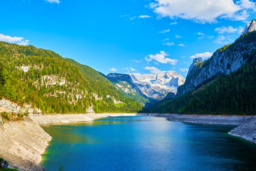 Naklejka na ściany i meble Beautiful Gosausee lake landscape with Dachstein mountains in Austrian Alps.