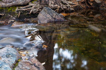 Calm and frozen water is near the Eagle Fall.