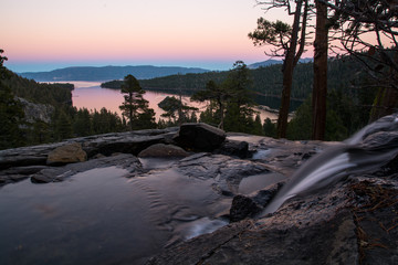 Calm evening and colorful sunset. View to the Tahoe Lake from Eagle Fall. 