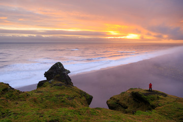 Amazing landscape with basalt rock formations Troll toes (Trolls fingers) on Black Beach. Ocean...