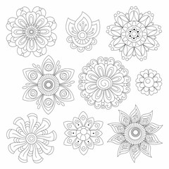 Floral collection in zentangle style (set 3), for coloring page. Design elements,  coloring books ideas. Original zentangle art illustration. 