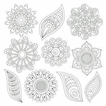 Floral collection and leaves in zentangle style (set 2), for coloring page. Design elements, coloring books ideas. Original zentangle art illustration. 