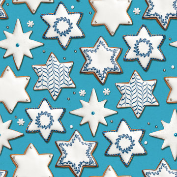 Seamless pattern: Hand made festive gingerbread cookies for Hanukkah or Christmas