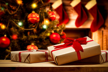 Desk of free space and christmas gifts. 