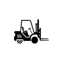 Forklift vector silhouette, heavy loader. Cargo from warehouse to truck. Storage equipment racks, pallets with goods. shipping and transportation concept. Lift truck vehicle for construction site.