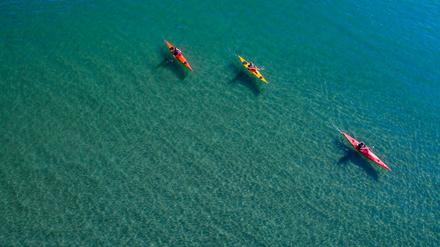 Aerial Drone Top View, Kayaking In The Adriatic Sea.