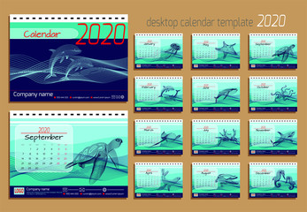 Desk calendar 2020. Vector design template with illustrations of sea animals - seal, whale, dolphin, crocodile, shark, turtle, crab; starfish; sea horse; jellyfish; cramp; octopus. Set of 12 months.
