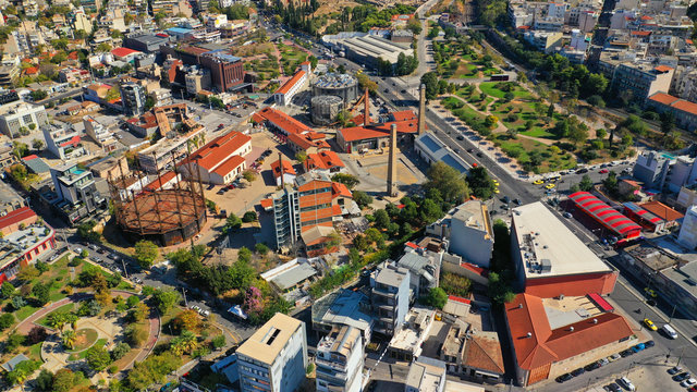 Aerial drone photo of famous area of Gazi and Kerameikos in the heart of Athens, Attica, Greece