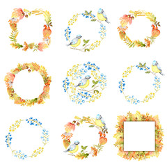 Autumn leaf, berries and Tomtit birds Frame set isolated on a white background. Watercolor hand drawn Bird BlueTit sitting on the Branch. Greeting card, poster, banner concept with copy space for text