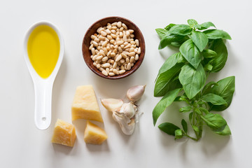 Ingredients for cooking green italian sauce pesto