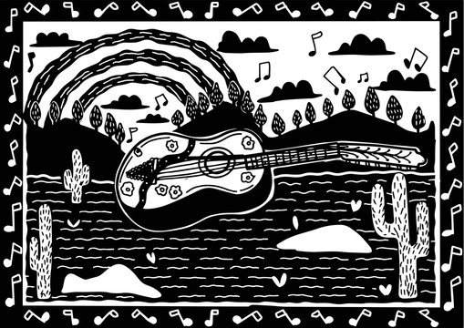 the sound of the guitar in the cactus desert cordel illustration