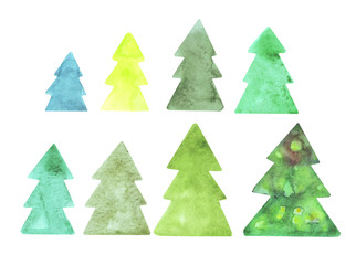 watercolor collection of elements from christmas tree silhouettes. hand drawn set christmas new year