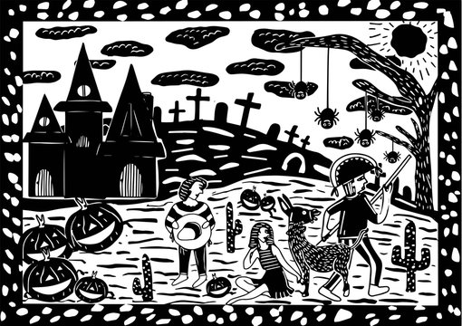 people who are celebrating the halloween festival cordel illustration