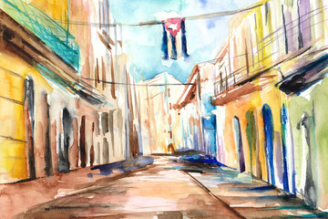 Obraz malowany recznie akwarelą przedstawiający ulicę w Hawanie na Kubie - obrazy, fototapety, plakaty