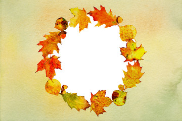 watercolor background with fall leaves wreath - 298134699