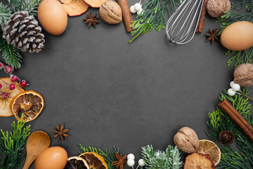 Food and baking mockup. Top view frame of various kitchen baking utensils. Background for recipe on dark background. Copy space.