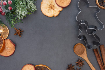 Food and baking mockup. Top view of various kitchen baking utensils. Background for recipe on dark background. Copy space.