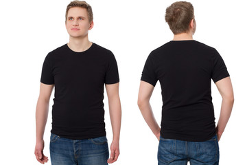 Close up Man in T-shirt black template. Guy Shirts set. tshirt mockup Front and back view. Mock up isolated on white background. Blank summer shirt. Copy space