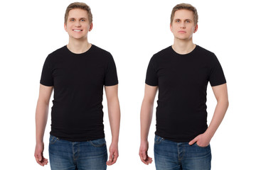 Close up Man in T-shirt black template. Guy Shirts set. tshirt mockup Front view. Mock up isolated on white background. Blank summer shirt. Copy space