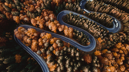 Aerial view of forest road in beautiful autumn .at sunset. Curved road in the mountains with truck traffic and nice landscape