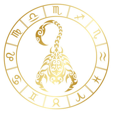 Zodiac sign scorpio and circle constellations in maori tattoo style. Gold on white background vector illustration isolated.