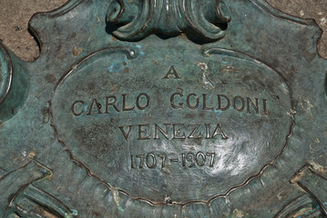 Venice, Italy: plaque of the Monument to Carlo Goldoni in Venice, Campo S. Bortolomio near Rialto Bridge