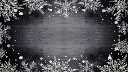 winter Background - Frame made of snow on wooden texture, top view with space for text