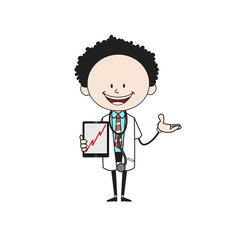 Cartoon Doctor - Presenting Profit Growing Graph on Tablet