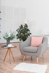 The interior of the cozy relaxation areas. Gray armchair and coffee table