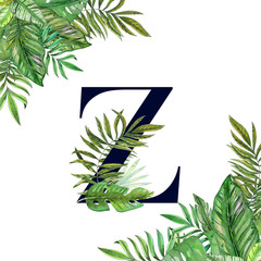 Hand painted watercolor floral alphabet art. Combination of dark Z letter and tropical leaves to create delicate designs for weddings, logo, greeting cards, mood boards, posts, magazines