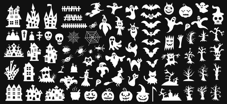 Set of white silhouettes of Halloween on a black background. Vector illustration