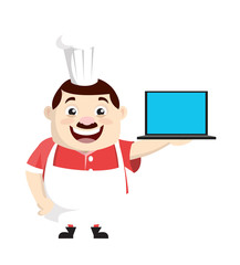 Cartoon Fat Funny Cook - Presenting a Laptop