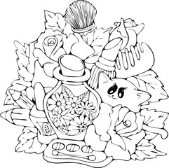 Pretty kitty with a make up set, cute vector doodle illustration, colouring page