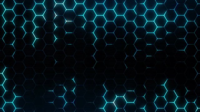 Abstract hexagonal background. Sci-fi modern texture for cyberspace concept. Neon hexagons grid. Seamless loop.