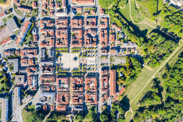 Start-shaped bastions and fortified walls of Ville Neuve (New town) of Longwy (Langich, Longkech) city in Lotharingia and Upper Lorraine, France. Aerial drone view of one of Fortifications of Vauban