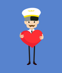 Cartoon Pilot Flight Attendant - Standing with a Heart