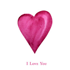 Watercolor hearts icon Greeting card concept. Wedding or Valentine's Day banner, poster design with text I love you. Hand drawn red pink Love hearts isolated on white background.