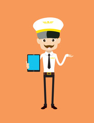 Cartoon Pilot Flight Attendant - Presenting a Tablet with blank screen