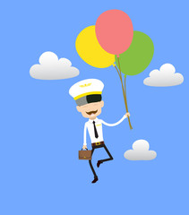 Cartoon Pilot Flight Attendant - Flying with Balloons
