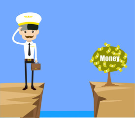 Cartoon Pilot Flight Attendant - Thinking How to Reach Close to Money Plant