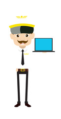 Cartoon Pilot Flight Attendant - Presenting a Laptop