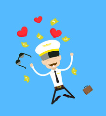 Cartoon Pilot Flight Attendant - Jumping with Hearts and Money