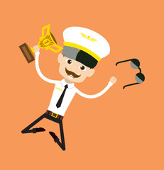 Cartoon Pilot Flight Attendant - Jumping with Trophy