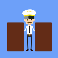 Cartoon Pilot Flight Attendant - Standing with Two Boards