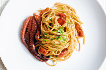 Spaghetti with tomato and octopus, ready to eat.